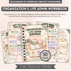 May include: A spiral-bound Organization & Life Admin Workbook featuring a soft colour palette with illustrations of a desk, plant, and mug. The cover displays the title and the text 50 PAGES. Additional pages show layouts for managing bills, appointments, and daily tasks.