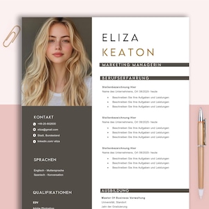 May include: A resume template with a photo of a woman with blonde hair. The resume includes sections for contact information, languages, qualifications, and work experience. A gold pen and paperclip are also visible.