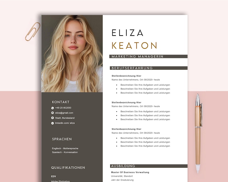 May include: A resume template with a photo of a woman with blonde hair. The resume includes sections for contact information, languages, qualifications, and work experience. A gold pen and paperclip are also visible.