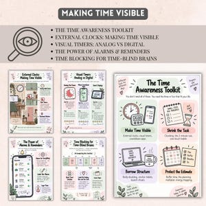 May include: A collection of five educational infographics titled Making Time Visible and The Time Awareness Toolkit. The charts feature illustrations of clocks, timers, smartphones, and laptops with text explaining time management strategies and tools.