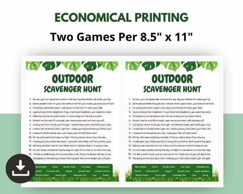 Outdoor Scavenger Hunt Game, Backyard Scavenger Hunt Clues, Nature ...