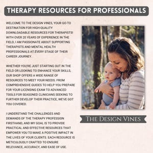 May include: A digital flyer titled THERAPY RESOURCES FOR PROFESSIONALS featuring text about downloadable resources for therapists and a photograph of an adult holding a baby. The bottom right corner includes a banner with the text THE DESIGN VINES.