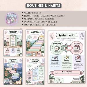 May include: A set of five educational worksheets titled Routines & Habits, featuring pastel-colored illustrations and text guides for Anchor Habits, Transition Rituals, Morning Routine Builder, Evening Wind-Down Builder, and Body Doubling Setup.