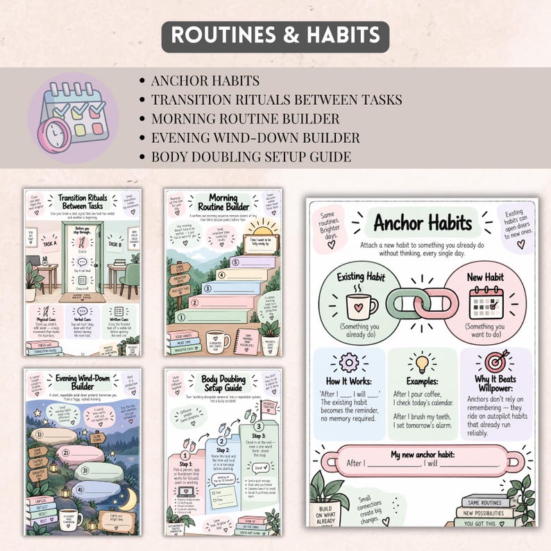 May include: A set of five educational worksheets titled Routines & Habits, featuring pastel-colored illustrations and text guides for Anchor Habits, Transition Rituals, Morning Routine Builder, Evening Wind-Down Builder, and Body Doubling Setup.