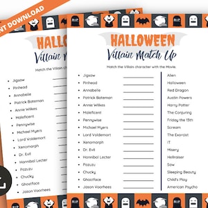 Halloween Movie Villain Match up Game, Halloween Trivia, Scary Movie Trivia, Halloween Party Quiz, Printable Halloween Activity for All