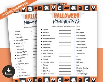 Halloween Movie Villain Match up Game, Halloween Trivia, Scary Movie Trivia, Halloween Party Quiz, Printable Halloween Activity for All