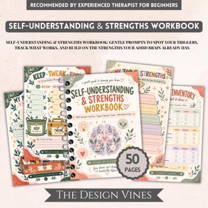 Könnte beinhalten: Ein spiralgebundenes Arbeitsbuch mit dem Titel Self-Understanding & Strengths Workbook und einer floralen Gehirnillustration auf dem Cover. Das Set enthält mehrere Seiten mit Anleitungen, Checklisten und Trackern für ADHS sowie ein 50-Seiten-Abzeichen.