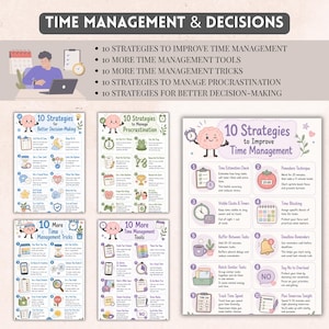 May include: A collection of five educational posters titled TIME MANAGEMENT & DECISIONS, featuring lists of strategies for time management, procrastination, and decision-making. Each poster includes numbered steps, colorful icons, and cartoon brain characters.