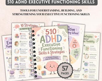 May include: A spiral-bound workbook titled 510 ADHD Executive Functioning Skills & Strategies, featuring a cartoon brain character on the cover. The set includes multiple pages with colorful illustrations, text, and diagrams for building skills.