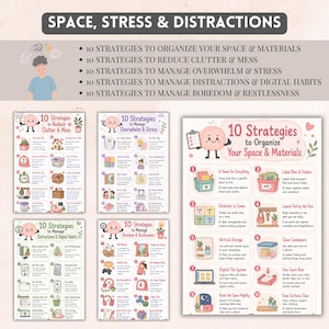 May include: A collection of five educational posters titled SPACE, STRESS & DISTRACTIONS, featuring lists of 10 strategies for organizing space, reducing clutter, managing overwhelm, handling digital habits, and addressing boredom with illustrations.
