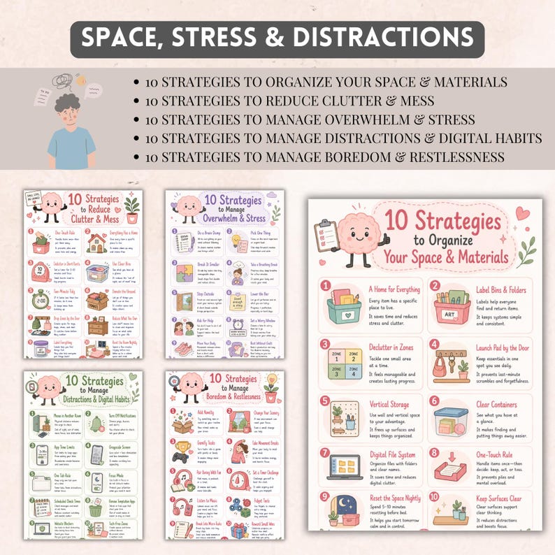 May include: A collection of five educational posters titled SPACE, STRESS & DISTRACTIONS, featuring lists of 10 strategies for organizing space, reducing clutter, managing overwhelm, handling digital habits, and addressing boredom with illustrations.
