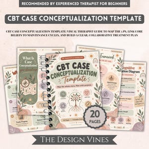 May include: A CBT Case Conceptualisation Template spiral-bound workbook featuring a central tree illustration, brain icon, and heart symbol. The cover includes the text CBT CASE CONCEPTUALISATION TEMPLATE and 20 PAGES. Multiple pages display clinical diagrams, maps, and therapeutic frameworks with soft-toned botanical accents.