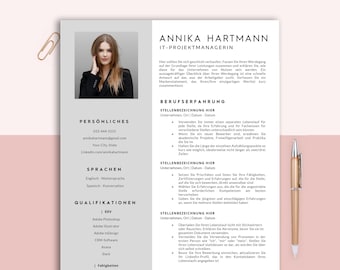 May include: A resume template with a gray background and black text. The resume is for Annika Hartmann, an IT Project Manager. The resume includes sections for personal information, languages, qualifications, and work experience.
