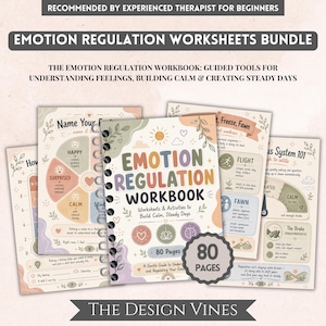 Op de afbeelding: Een set werkboeken voor emotie-regulatie met een spiraalgebonden omslag met de tekst EMOTION REGULATION WORKBOOK, Worksheets & Activities to Build Calm, Steady Days en 80 Pages. Bevat werkbladen genaamd Name Your Feelings en Nervous System 101.