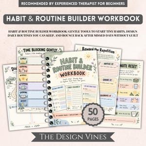 Puede incluir: Un cuaderno de trabajo para crear hábitos y rutinas con encuadernación en espiral de 50 páginas. La portada presenta ilustraciones en tonos pastel, un gráfico de ritmo diario y un rastreador de hábitos. Incluye secciones de planificación.