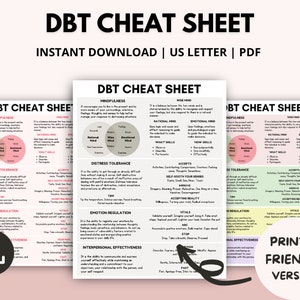 May include: A printable DBT cheat sheet with a pink and white color scheme. The cheat sheet includes information on mindfulness, distress tolerance, emotion regulation, interpersonal effectiveness, and the wise mind. The text is in a sans-serif font and includes a download icon.