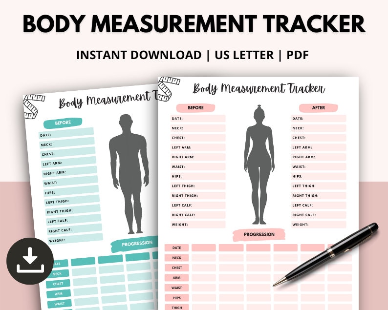 May include: Printable body measurement tracker with a silhouette of a person. The tracker includes sections for before, after, and progression measurements. The tracker is designed for both men and women.