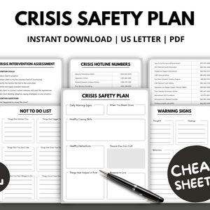 Crisis Safety Plan Worksheets, Crisis Intervention Assessment, Therapist Safety Tool, Coping Skill, Safety Plan Template, Suicide Prevention