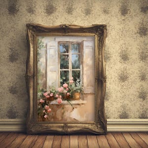 Vintage French Country Window with Flowers | Antique Victorian Printed Wall Art  | Vintage European Floral Village Artwork Print