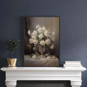 Moody Vintage White Roses Floral Still Life, circa 1900s | Antique Victorian Printed Wall Art  | Vase of Flowers Painting Print