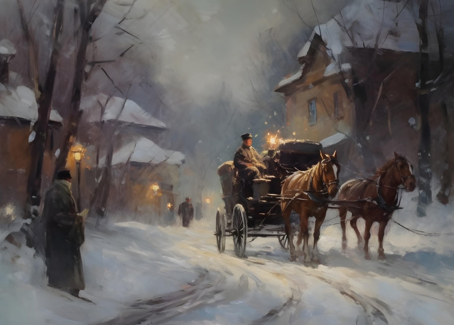 Horse and Carriage Winter Village Scene Wall Art | Antique Victorian ...