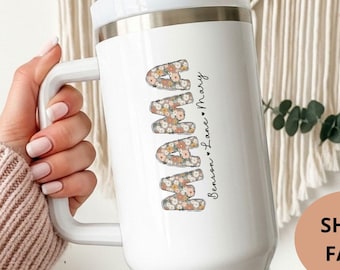 Personalized Mama 40oz Tumbler New Mama Gifts Kids Names Custom Coffee Travel Mug Mom Baby Announcement Pregnancy Reveal Floral Cup