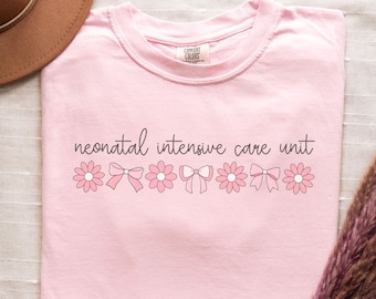 NICU Nurse Shirt NICU Comfort Colors® Tshirt Gift for NICU Nurse Tee Bows Neonatal Intensive Care Unit Team Crew Future Rn New Grad Gifts