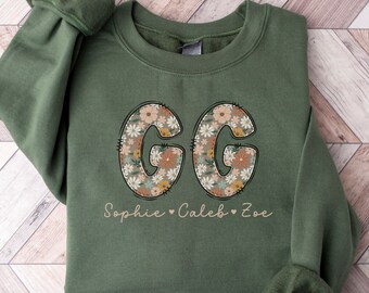 GG Personalized Sweatshirt with Grandkids Names GG Custom Sweater New GG Gifts Baby Announcement Pregnancy Reveal Promoted to Gigi Crewneck