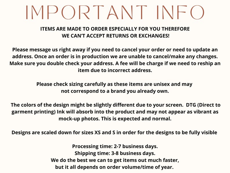May include: Important information about custom orders. Items are made to order and cannot be returned or exchanged. Orders are processed in 2-7 business days and shipped in 3-8 business days. Sizing is unisex and may not correspond to brand sizing. Colors may vary slightly due to screen settings. Designs are scaled down for sizes XS and S.