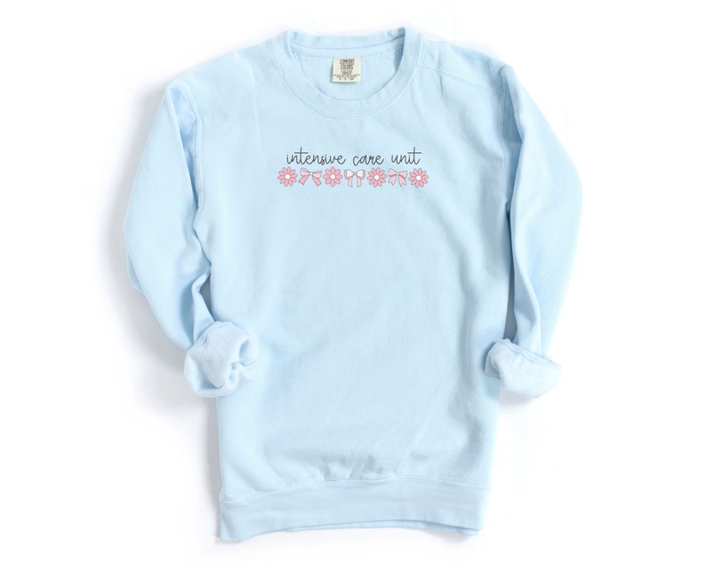 May include: Light blue sweatshirt with the text "intensive care unit" in black lettering and pink flowers and bows.