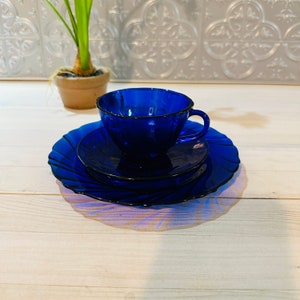 1970's Vereco France Cobalt Blue Swirl Pattern 7.5 Inch Plate and Teacup and Saucer Sold Individually image 2