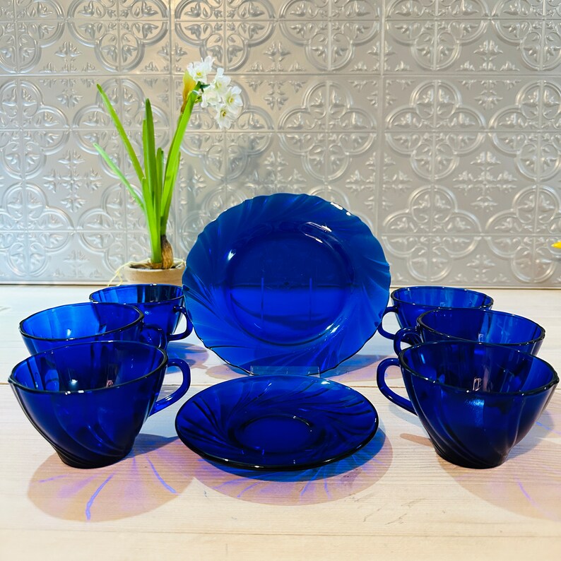 1970's Vereco France Cobalt Blue Swirl Pattern 7.5 Inch Plate and Teacup and Saucer Sold Individually image 10