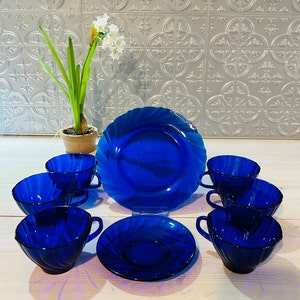 1970's Vereco France Cobalt Blue Swirl Pattern 7.5 Inch Plate and Teacup and Saucer Sold Individually image 1