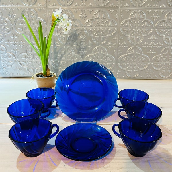 1970's Vereco France Cobalt Blue Swirl Pattern 7.5 Inch Plate and Teacup and Saucer - Sold Individually