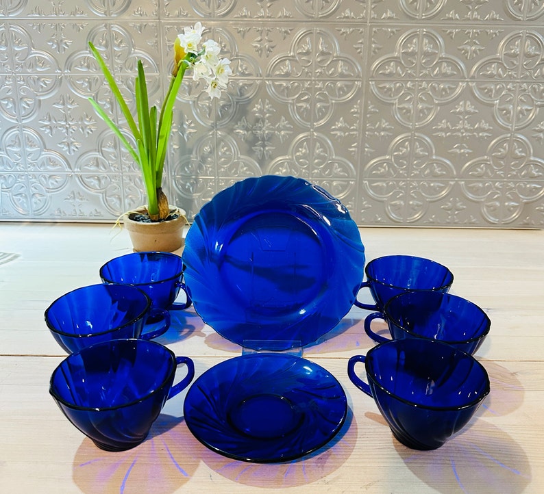 1970's Vereco France Cobalt Blue Swirl Pattern 7.5 Inch Plate and Teacup and Saucer Sold Individually image 1