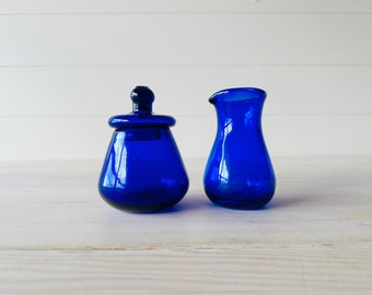 Hand Crafted Cobalt Blue Cream and Sugar Vintage Blown Glass 4.25 Inches Tall