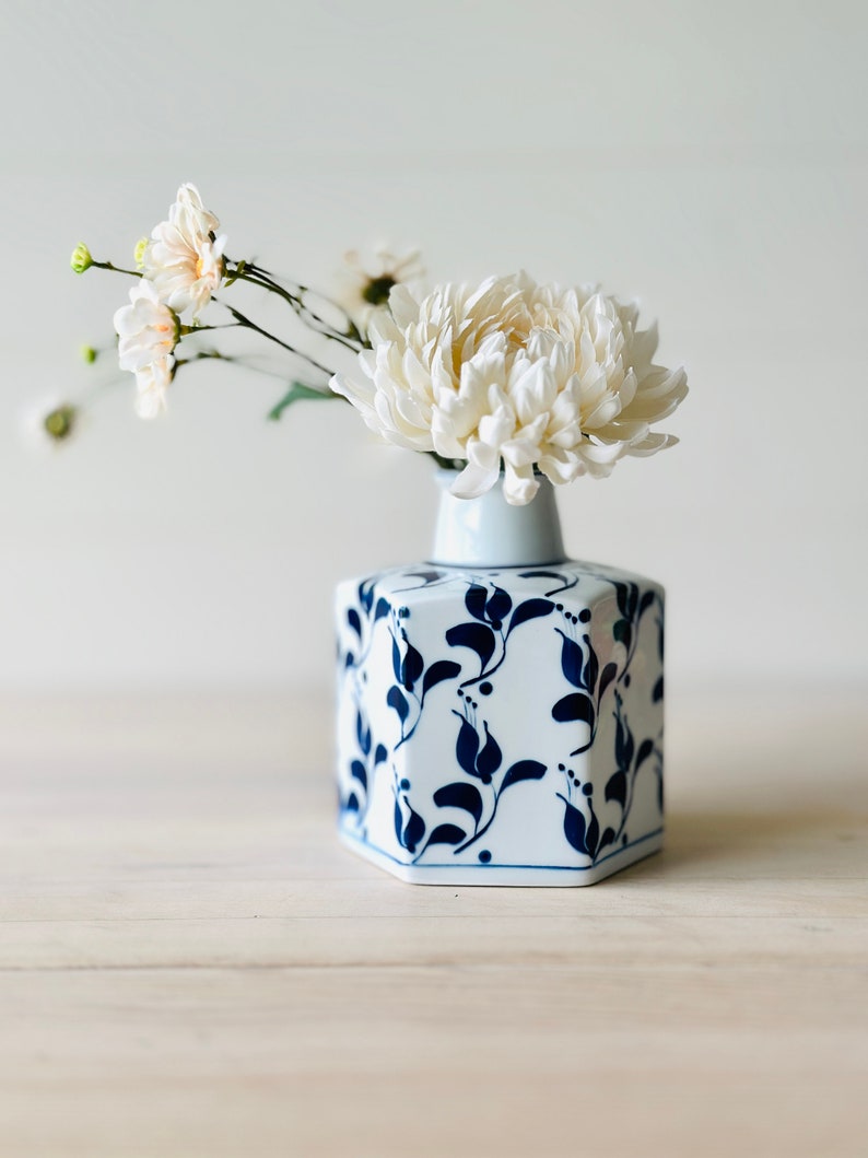 Blue and White Hand Painted Hexagonal Porcelain Bud Vase Designed for ...