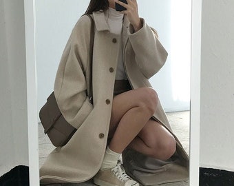 Long Elegant Wool Autumn Winter Korean Style Button Jacket Coat Outerwear