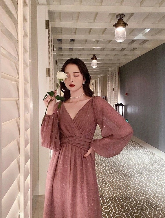 yesmood Fancy Elegant Fairy Midi Dress Korean Style Vintage V-Neck Long Sleeve Dress