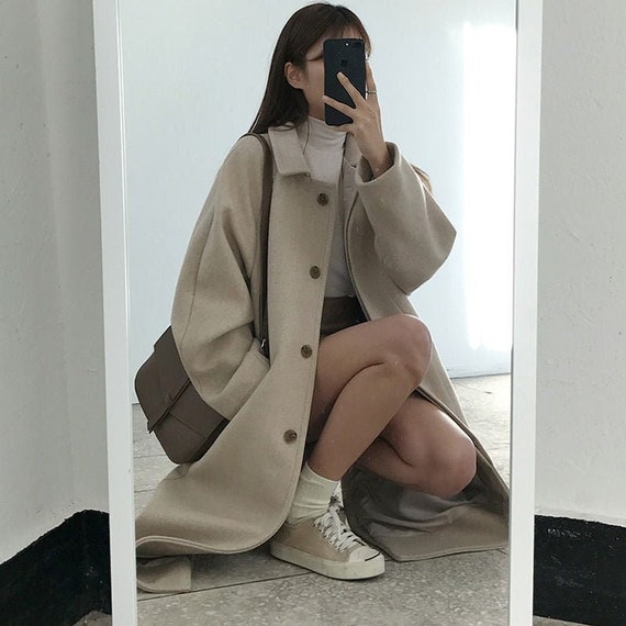 Long Elegant Wool Autumn Winter Korean Style Button Jacket Coat Outerwear -  Etsy