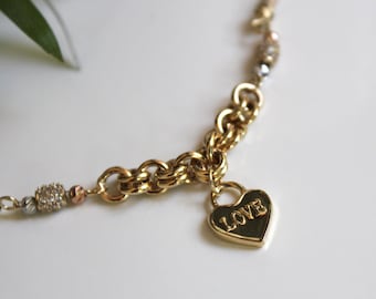 14K Solid Gold, Mixed Chain Heart Drop Bracelet