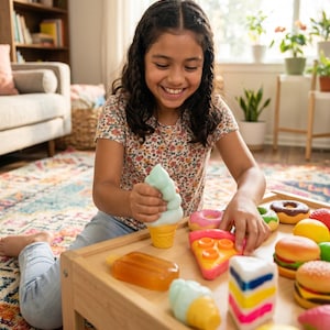 Könnte beinhalten: Ein junges Mädchen spielt mit bunten Spielzeug-Lebensmitteln auf einem Holztisch. Das Spielzeug umfasst eine Eistüte, ein Pizzastück, einen Donut und einen Burger. Das Spielzeug besteht aus weichem, quetschbarem Material.