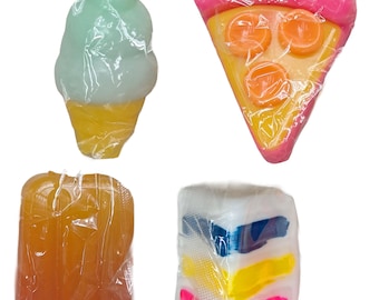 Pack of 3 of 3 squishies.  Mix of ice cream, cake, pizza, jelly fish, cubes, popsicle and more squishies – Kawaii Stress Toys.