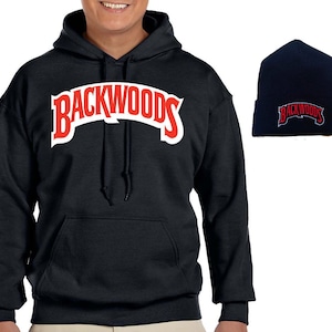 May include: Black hooded sweatshirt with the word "BACKWOODS" in red letters on the front. A matching black beanie with the same logo is also included.