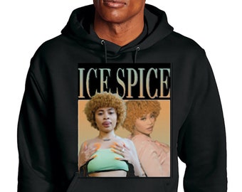 May include: Black hooded sweatshirt with a graphic print of two women with blonde hair. The text "ICE SPICE" is printed above the image.