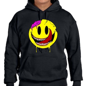 May include: Black hooded sweatshirt with a yellow smiley face graphic. The smiley face has a red tongue sticking out and a pink brain showing. The smiley face is dripping with a black substance.