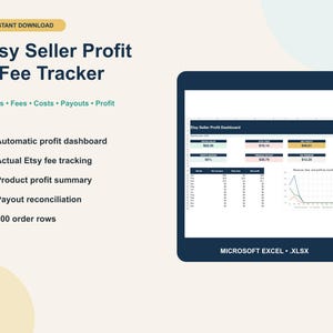 May include: Etsy Seller Profit & Fee Tracker digital spreadsheet for Microsoft Excel. Features an automatic profit dashboard, fee tracking, product profit summary, payout reconciliation, and 500 order rows. Includes a visual dashboard display.