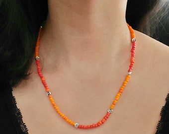 Handmade Orange Seed Bead Necklace with Flowers