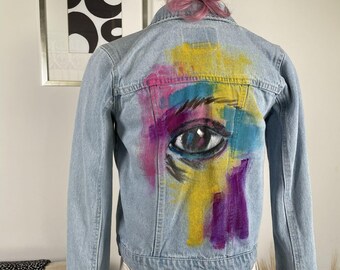 Hand Painted Denim Jacket: Upcycled Levis, Eye Design (LGG 12-13 Yrs)