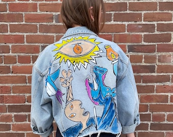 Thrifted Denim, Picasso Hand Painted Jacket, Guernica, One of a Kind, Hand Crafted, Women&#39;s Jacket Size Large